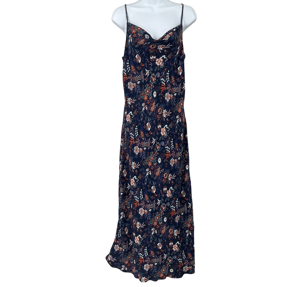 Loft Midi Dress Womens 12 Navy Blue Floral Cowl Neck Boho Classic Slip Slit